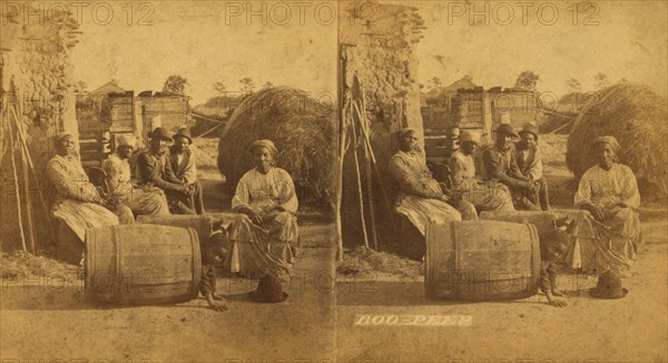 Boo-Peep. [Group of men and women seated outside, child peeking out of a barrel...], (1868-1900?). Creator: O. Pierre Havens.