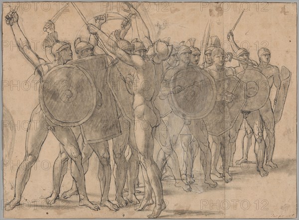 Nude Soldiers Gesticulating with Their Weapons (recto); Two Drapery Studies for the..., 1796/97. Creator: Jacques-Louis David.