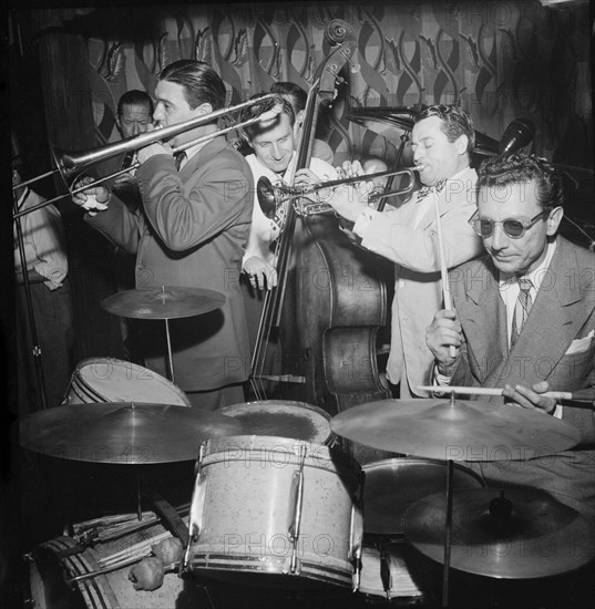 Portrait of Jack Teagarden, Jack Lesberg, and Max Kaminsky, Famous Door, New York, N.Y., 1947. Creator: William Paul Gottlieb.