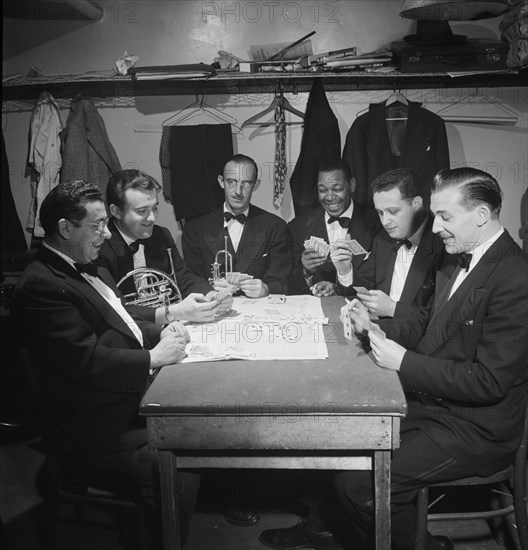 Portrait of Al Hall and with pit band, Broadway show, "Barefoot Boy With Cheek"(?), N.Y., 1946. Creator: William Paul Gottlieb.