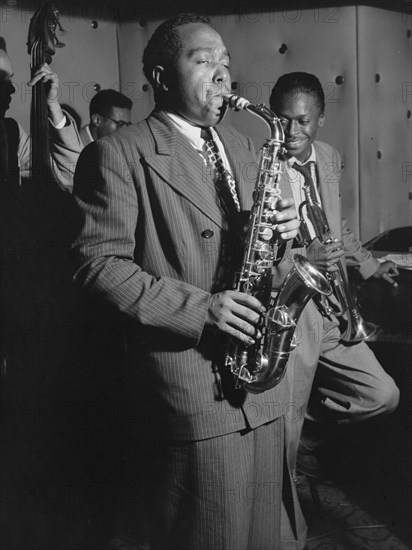 Portrait of Charlie Parker, Tommy Potter, Miles Davis, and Max Roach, Three Deuces, N.Y., 1947. Creator: William Paul Gottlieb.