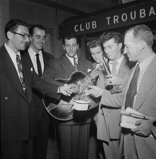 Portrait of Bill (Buddy) De Arango, Terry Gibbs, and Harry Biss, Club Troubadour, New York, 1946. Creator: William Paul Gottlieb.