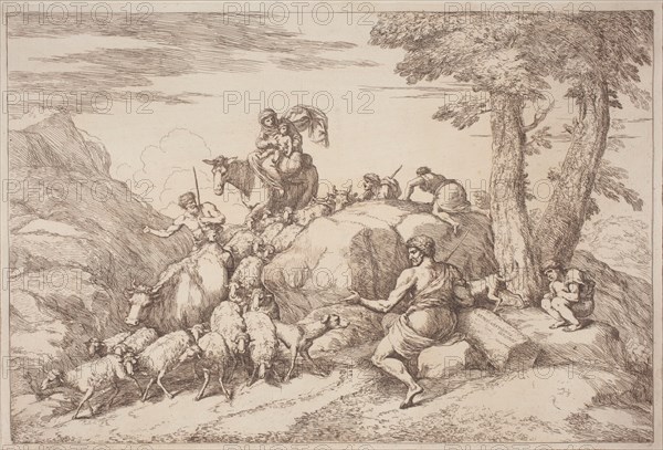 A Pastoral Journey with a Mother and Child on Horesback and an Elderly Shepherd..., 1758/1759. Creator: Gaetano Gherardo Zompini.