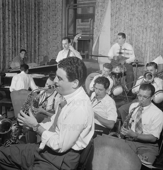 Portrait of Serge Chaloff, Georgie Auld, Red Rodney, and Tiny Kahn, New York, N.Y., ca. Aug. 1947. Creator: William Paul Gottlieb.