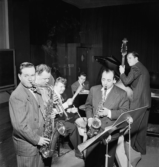 Portrait of Art Drelinger, Billy Butterfield, Bunny Shawker, Stan..., Columbia studio, N.Y., 1947. Creator: William Paul Gottlieb.