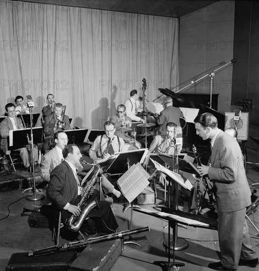 Portrait of Hank D'Amico, Spots Esposito, Bobby Hackett...Museum of Modern...ABC studio, N.Y., 1947. Creator: William Paul Gottlieb.