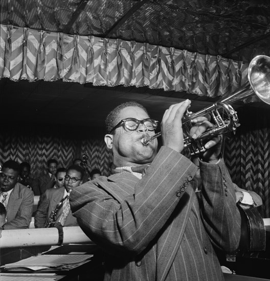 Portrait of Dizzy Gillespie, John Lewis, Cecil Payne, Ray Brown, and Miles Davis..., New York, 1946. Creator: William Paul Gottlieb.