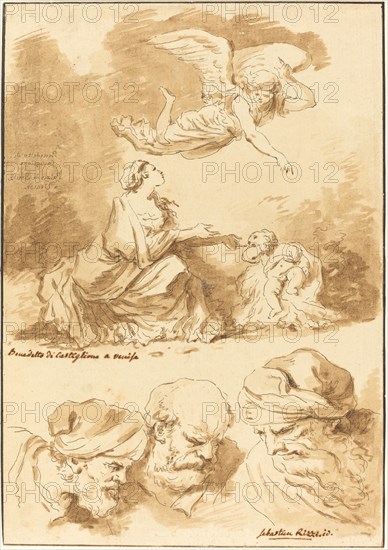 Hagar Consoled by an Angel (from a painting by Castiglione) and Three Heads of Old Men..., 1774. Creator: Jean Claude Richard Saint-Non.
