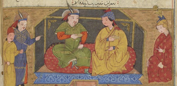 Hulagu Khan at a party. Miniature from Jami' al-tawarikh (Universal History), ca 1430. Creator: Anonymous.