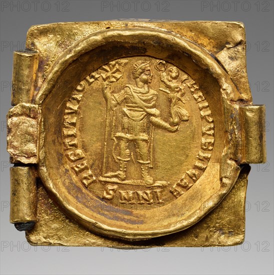 Link from a Coin Belt: Emperor with vexillum and crowning Victory, 379-395. Creator: Numismatic, Ancient Coins  .