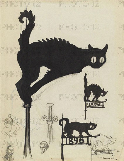 Divers projets d'enseignes surmontées de chats noirs, 1896. Creator: Steinlen, Théophile Alexandre (1859-1923).