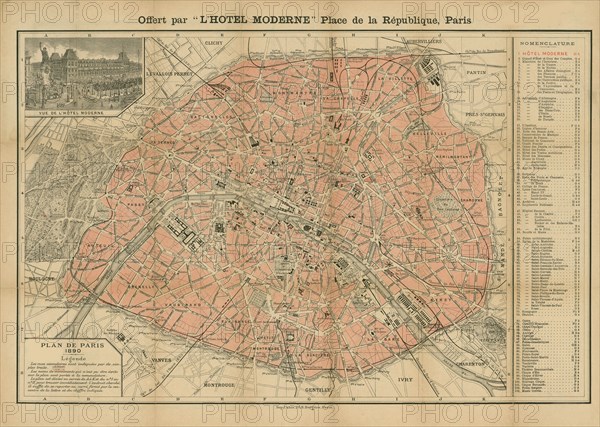 Plan de Paris, 1890. Offert par l'Hôtel Moderne, Place de la République, Paris, 1890. Creator: Anonymous.