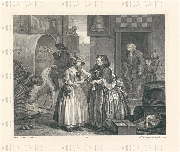 A Harlot's Progress. Plate 1: Moll Hackabout arrives in London at the Bell Inn, Cheapside, 1732. Creator: Hogarth, William (1697-1764).