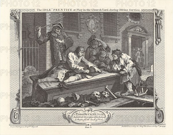 Series "Industry and Idleness", Plate 3: The Idle 'Prentice at Play in the Church Yard..., 1747. Creator: Hogarth, William (1697-1764).