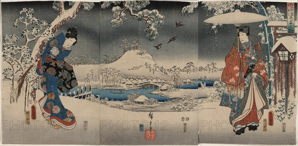 A modern version of the Tale of Genji in snow scenes (Furyu genji yuki no nagame), 1853. Creator: Kunisada (Toyokuni III), Utagawa (1786-1864).