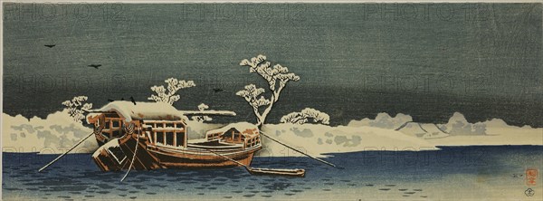 Boat on a river in snowy weather, before 1910. Creator: Takahashi, Hiroaki (1871-1945).