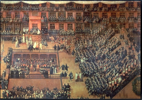 Auto-da-Fé in Plaza Mayor in Madrid, 17th century. Creator: Rizzi, Francisco. (1608 - 1685).