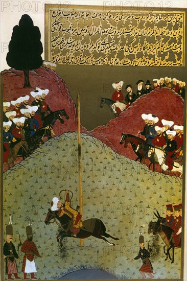Murat II, in the presence of an ambassador, demonstrates his skill by shooting three arrows...(1584- Creator: Unknown.
