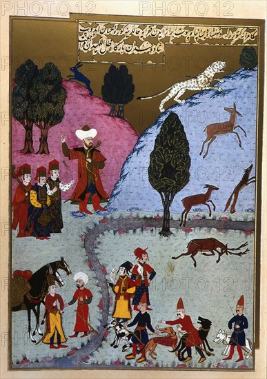 Sultan Bayezid I, in a hunt, pierces an tiger with an arrow, Turkish miniature from... (1584 - 1589) Creator: Unknown.