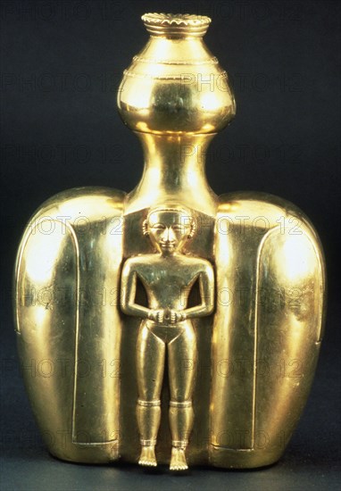 Anthropomorphic gold figure used as a vessel for lime, depicting two female figures,  7th-11th centu Creator: Unknown.