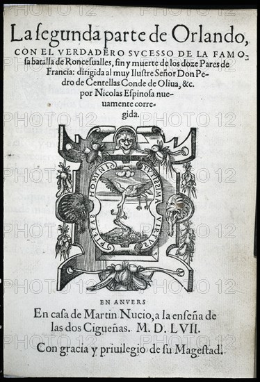 Cover of the second part of the rare edition of 'Orlando Furioso', 1557-1558. Creator: Ariosto, Ludovico (1474 - 1533).