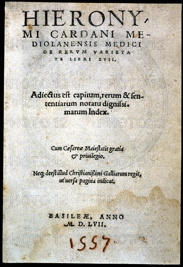 De rerum varietate libri XVII, cover of the 2nd edition, printed by Henricus Petrus of Basel in 1557 Creator: Cardano, Girolamo (1501 - 1576).