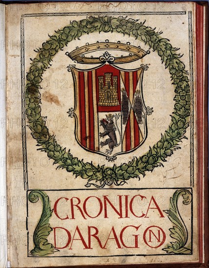 Xylographic color cover with a large coat of arms of Aragon from 'Crónica de Aragón'...1524. Creator: Marineo Siculo, Lucio 1460-1533 (Preceptor of Ferdinand the Catholic).