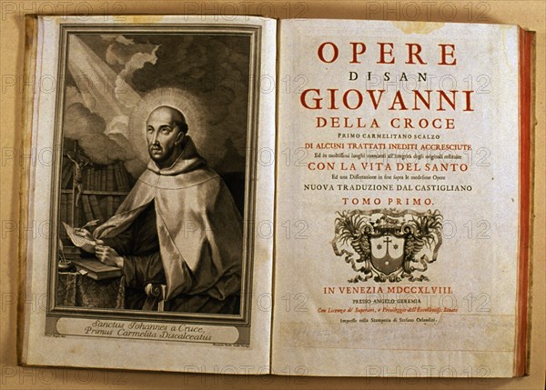 Cover and page with image of the author of the work 'Opere di San Giovanni della Croce', 1748. Creator: Unknown.