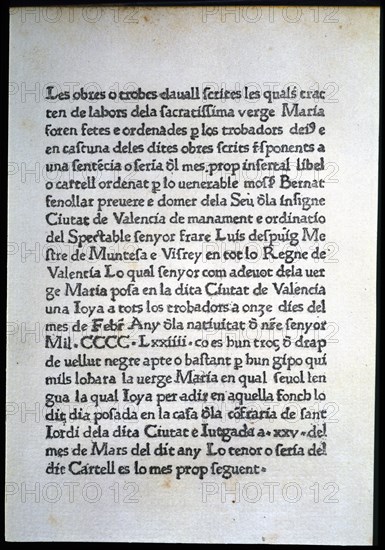 First sheet of the work 'Trobes en lahors de la Verge Maria', the first literary work... Spain, 1474 Creator: Unknown.