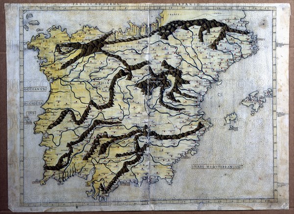 Map of Spain, underlining the mountain systems, Incunabulum, Florence, 1482.  Creator: Berlinghieri, Francesco di Nicola (1440-1501).