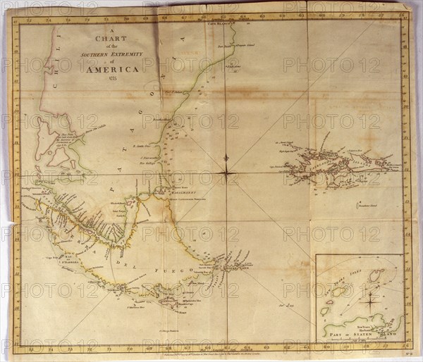Coloured nautical chart of the end of South America with the Strait of Magellan and inset of...1775. Creator: Stratham W. (18th century).