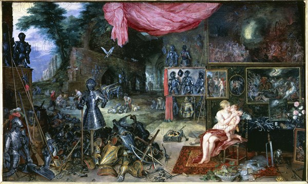 The touch'. Venus and Cupid kissing in a room full of armour, 17th century. Creator: Brueghel de Velours, Jan (1568 - 1625).