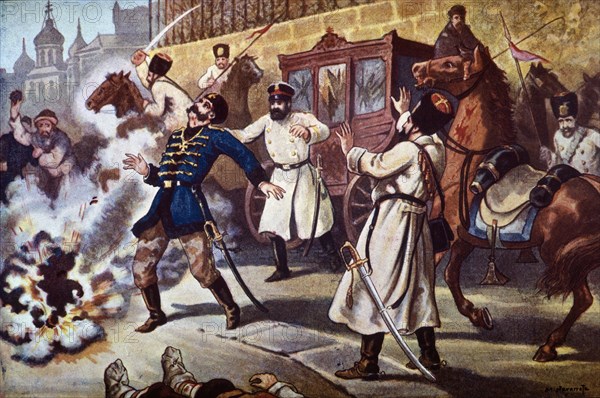 Deadly attack on Tsar Alexander II (1818 - 1881), caused by nihilists in Saint Petersburg, 1881. Creator: Navarrete, M..