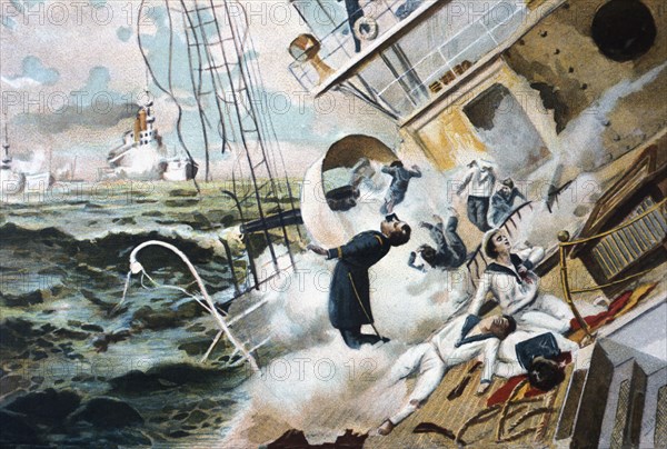 Cuban war: Loss of the Spanish squadron under the command of Admiral Cervera, in the waters...1898. Creator: Bejar Novella, Pablo (1869-1920).