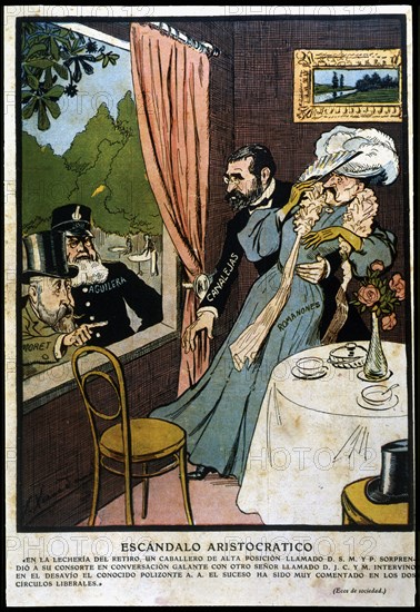 Satirical drawing about the political events in Madrid with the characters of Canalejas, Romanones,  Creator: Xauradó, Joaquin (1872- 1933).