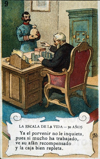 Picture card 'The scale of life'. Number 9, 1902, for the company 'Chocolates Amatller'. Creator: Mestres, Apeles. (1854-1936).