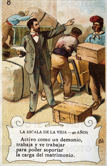 Picture card 'The scale of life'. Number 8, 1902, for the company 'Chocolates Amatller'. Creator: Mestres, Apeles. (1854-1936).