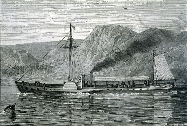 The Clermont, the first steamboat manufactured by Robert Fulton, sailing up the Hudson River...,1807 Creator: Unknown.