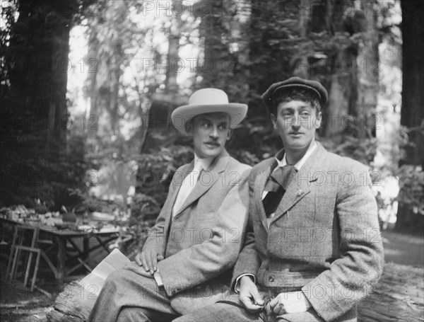 Sterling, George, Mr., and an unidentified man, seated outdoors, between 1906 and 1914. Creator: Arnold Genthe.