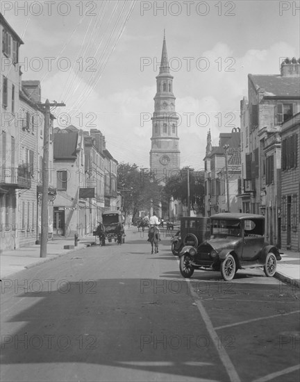 View down street to St. Philip's Church, Charleston, South Carolina, between 1920 and 1926. Creator: Arnold Genthe.