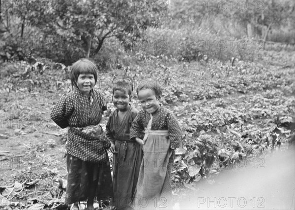 Three Ainu children standing in a garden, 1908. Creator: Arnold Genthe.