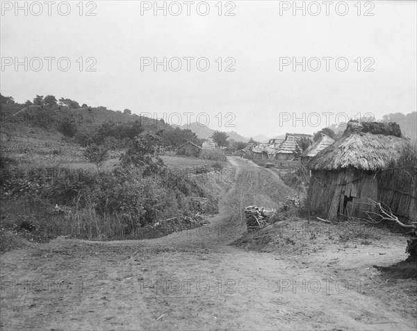 View of Ainu village, 1908. Creator: Arnold Genthe.