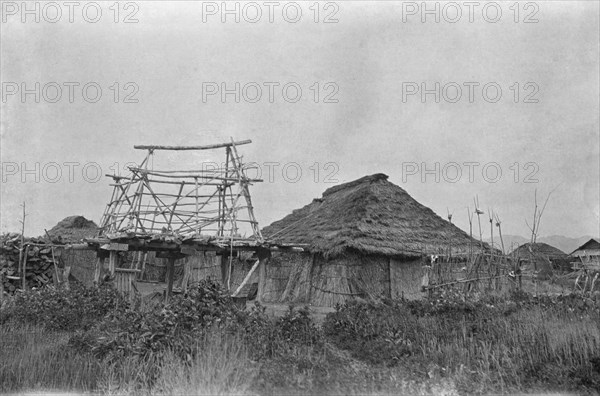 View of Ainu village, 1908. Creator: Arnold Genthe.