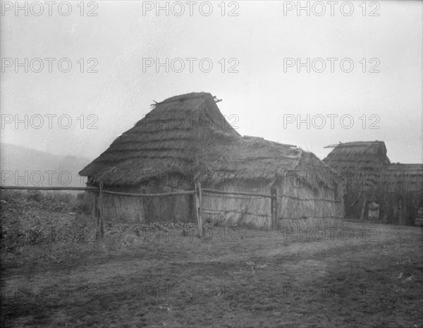 View of Ainu village, 1908. Creator: Arnold Genthe.