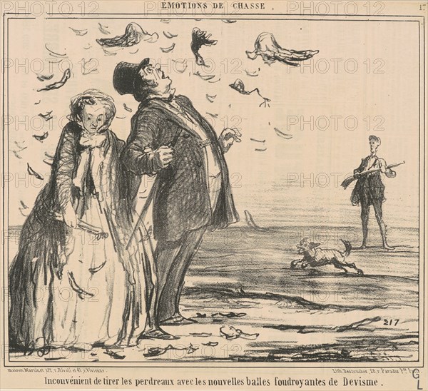 Inconvénient de tirer les perdreaux ..., 19th century. Creator: Honore Daumier.