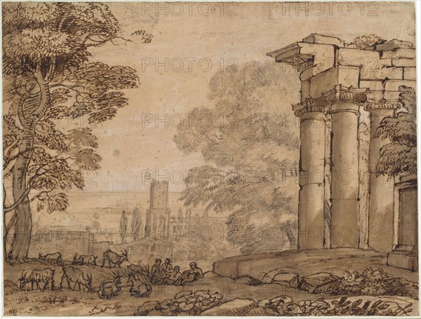 Landscape with Ruins, Pastoral Figures, and Trees, c. 1650. Creator: Claude Lorrain.