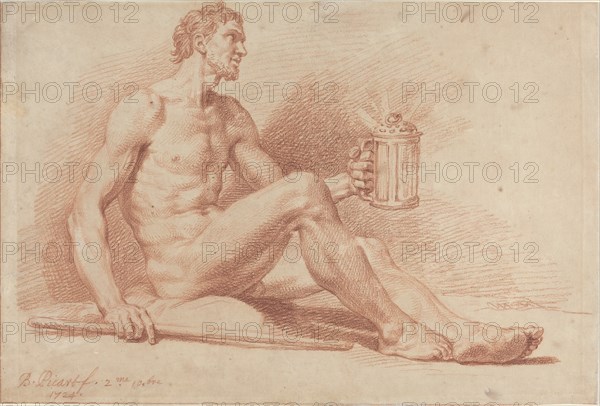 Male Nude with a Lamp (Diogenes), 1724. Creators: Bernard Picart, Nicolas Boileau Despreaux.