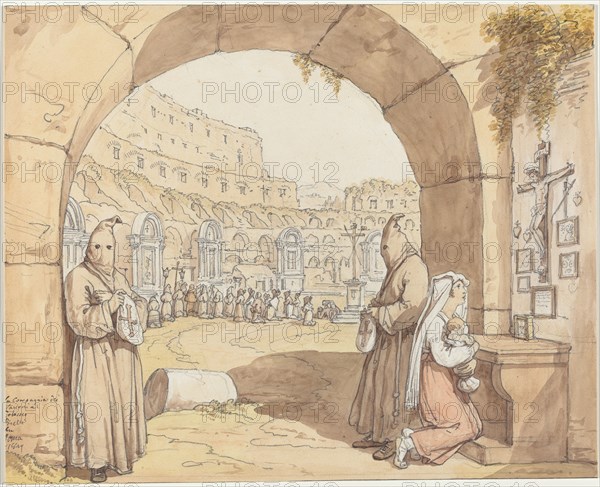 La Compagnia dei sacconi al Colosseo (Penitents Praying at Altars in the Colosseum), 1829. Creator: Bartolomeo Pinelli.