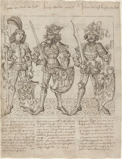 Hector of Troy, Alexander the Great and Julius Caesar, 1492. Creator: Master of the Strassburg Chronicle.