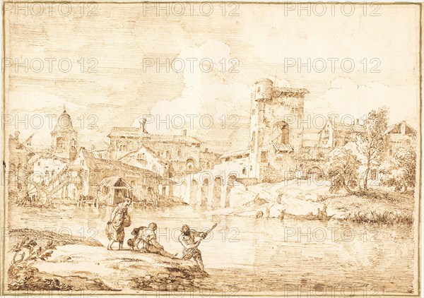 A Fortified Village along a River, 1727/1729. Creator: Marco Ricci.